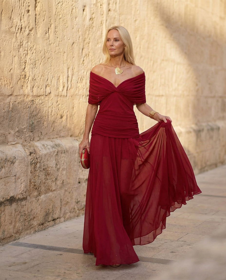 Constance | Robe midi drapée à épaules dénudées