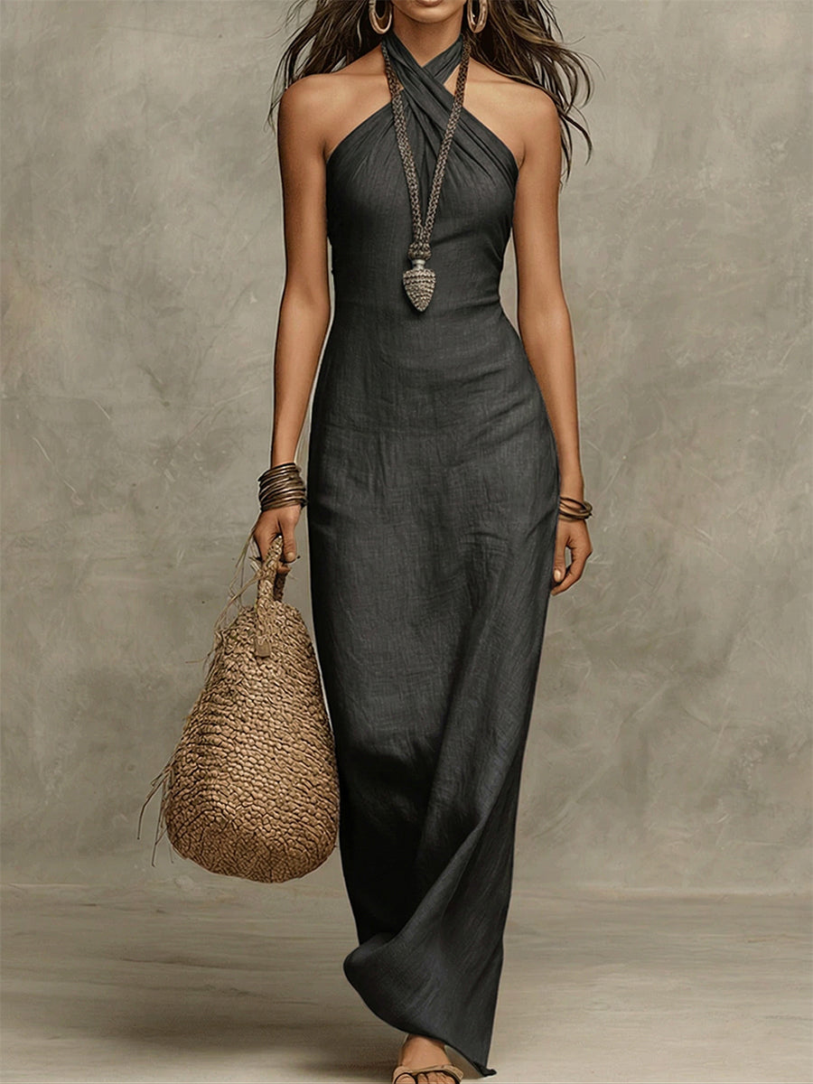 Solène | Robe Maxi Col Américain en Coton & Lin