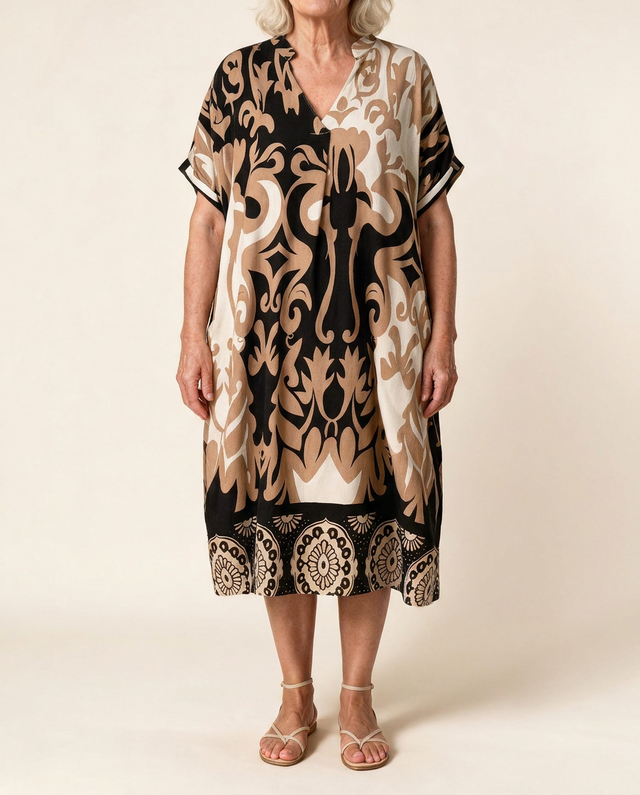 Robe midi Célestine en Noir Absolu, vue de face sur fond crème — coupe ample, col en V, bordure à médaillons