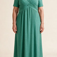 Robe longue Perrine, coloris vert d'eau — buste croisé drapé, col en V et taille empire, vue de face