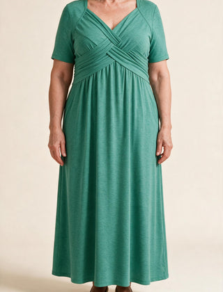 Robe longue Perrine, coloris vert d'eau — buste croisé drapé, col en V et taille empire, vue de face