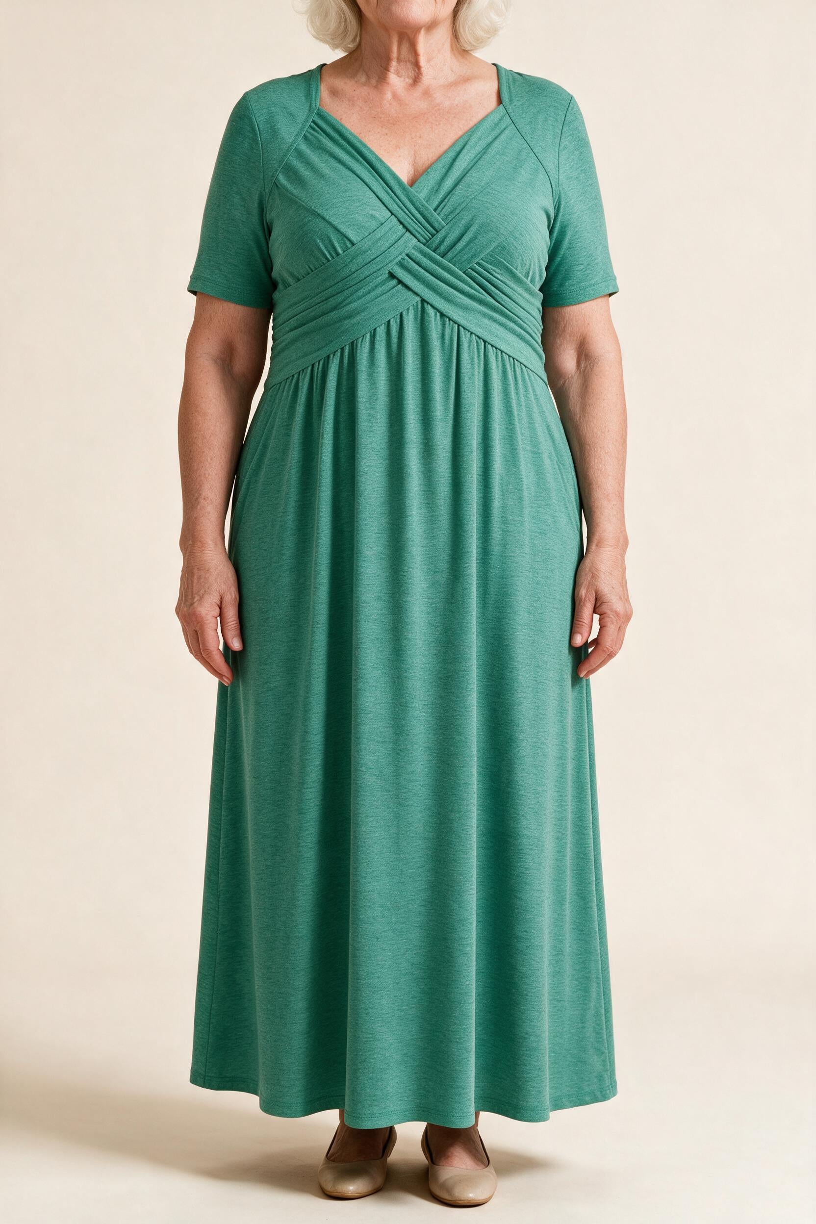 Robe longue Perrine, coloris vert d'eau — buste croisé drapé, col en V et taille empire, vue de face