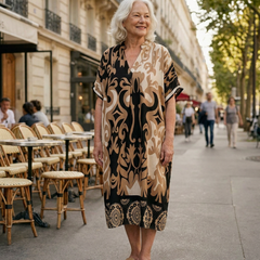 Femme de 70 ans portant la robe midi Célestine en Noir Absolu sur un boulevard parisien, devant une terrasse de café