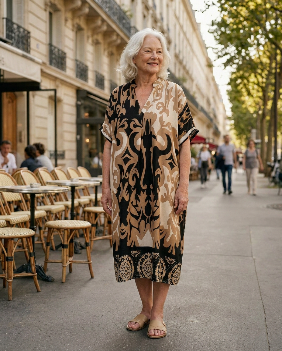 Femme de 70 ans portant la robe midi Célestine en Noir Absolu sur un boulevard parisien, devant une terrasse de café