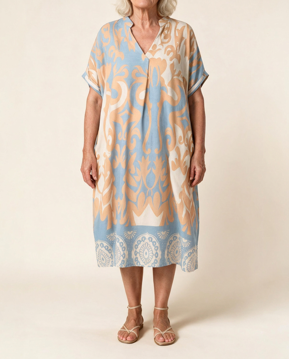 Robe midi Célestine en Bleu Horizon, vue de face sur fond crème — coupe ample, col en V, bordure à médaillons