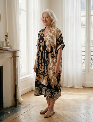 Femme de 70 ans portant la robe midi Célestine en Noir Absolu, imprimé ornemental noir et camel, dans un appartement parisien