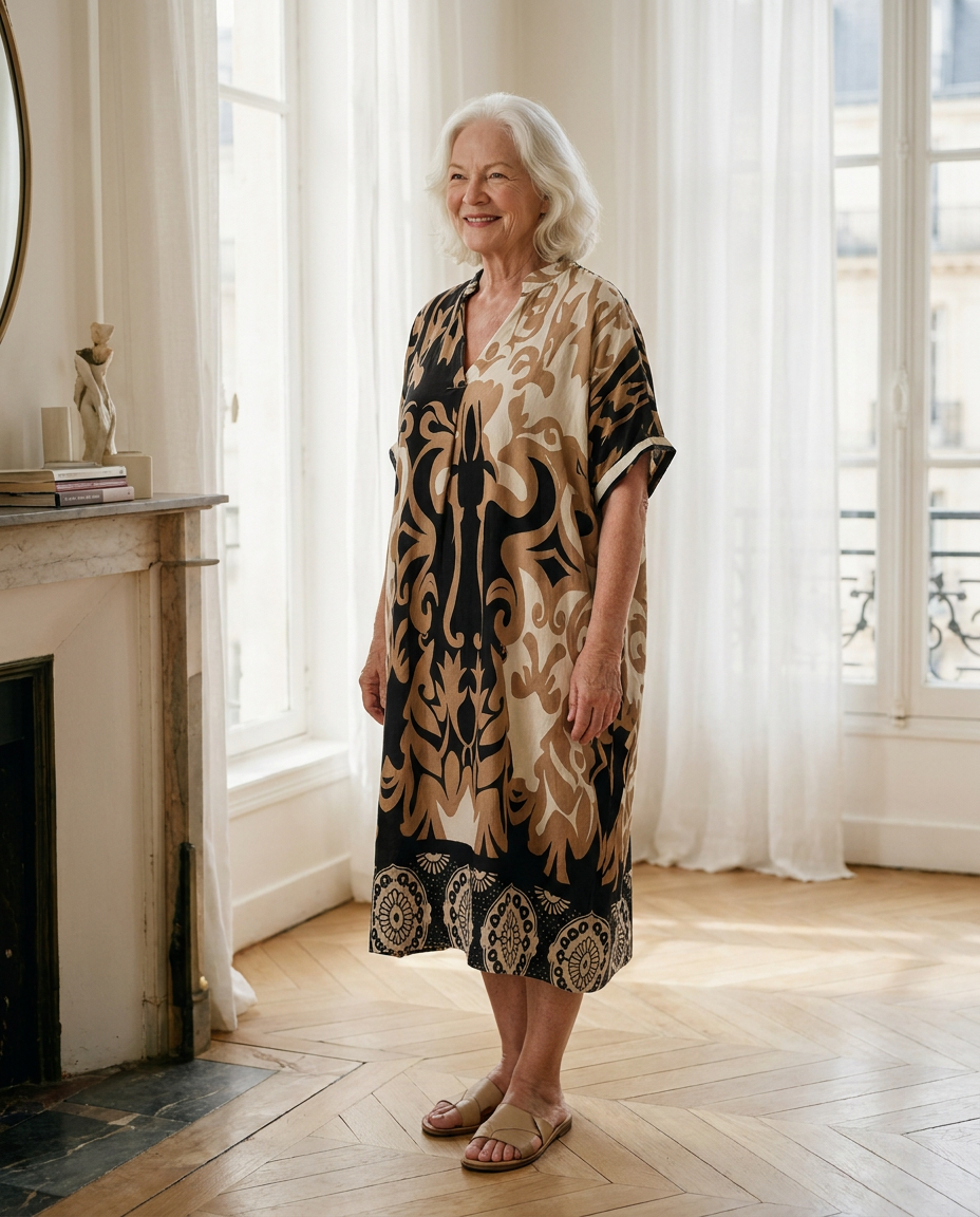 Femme de 70 ans portant la robe midi Célestine en Noir Absolu, imprimé ornemental noir et camel, dans un appartement parisien