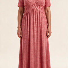Robe longue Perrine, coloris rose corail — buste croisé drapé, col en V et taille empire, vue de face
