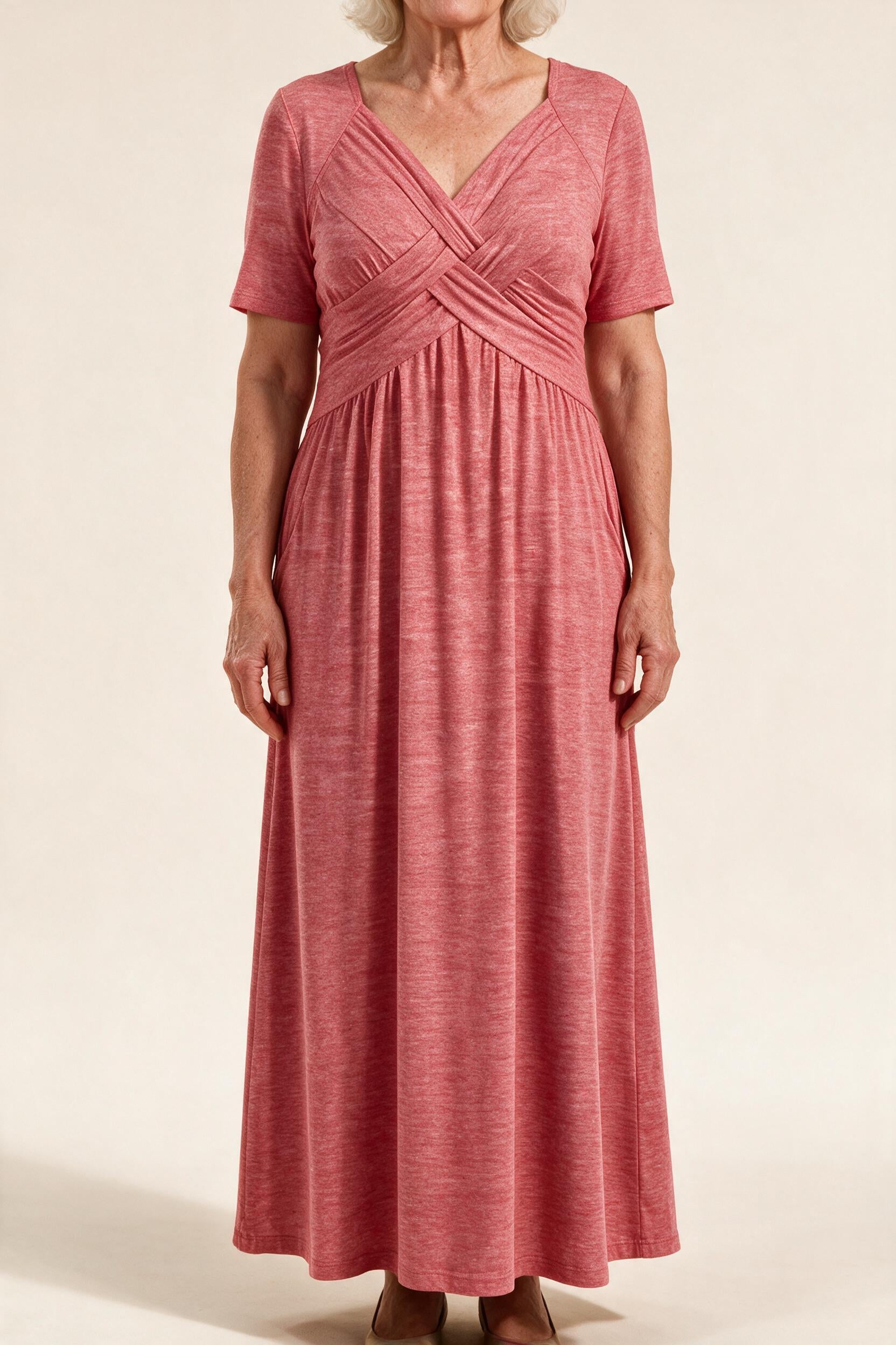 Robe longue Perrine, coloris rose corail — buste croisé drapé, col en V et taille empire, vue de face