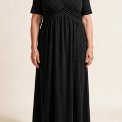 Robe longue Perrine, coloris noir — buste croisé drapé, col en V et taille empire, vue de face