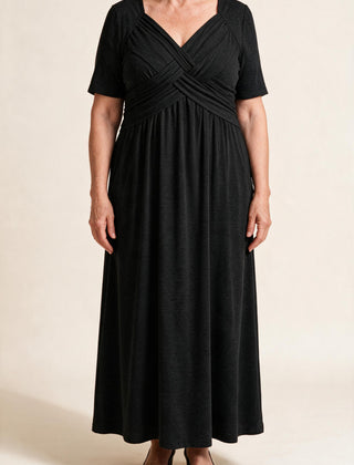 Robe longue Perrine, coloris noir — buste croisé drapé, col en V et taille empire, vue de face