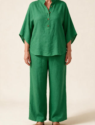 Ensemble Clarisse en lin, coloris vert — tunique à col montant et pantalon large, vue de face