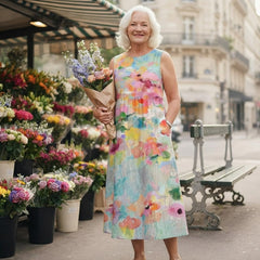 Robe midi Honorine à imprimé aquarelle devant un marché aux fleurs parisien