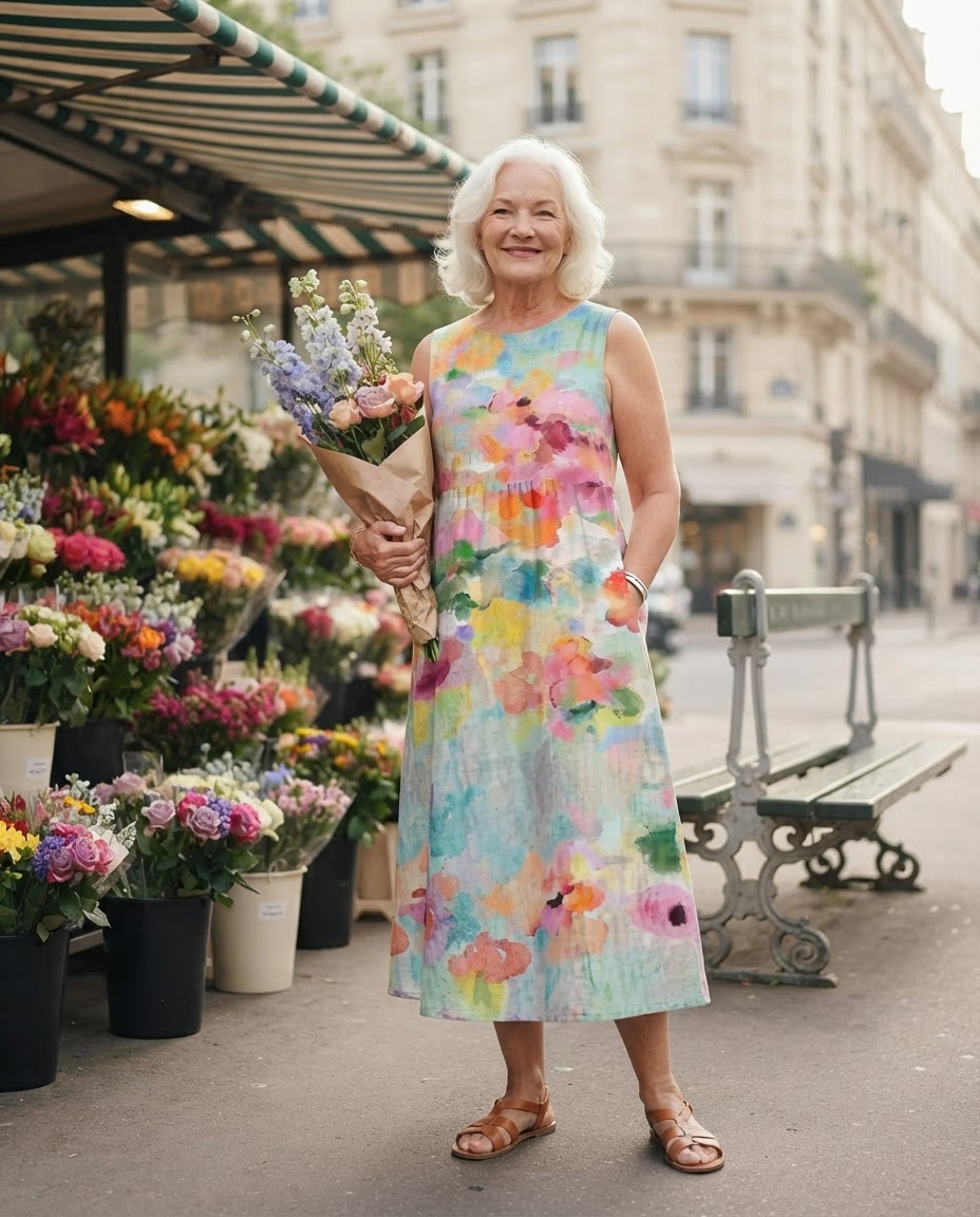 Robe midi Honorine à imprimé aquarelle devant un marché aux fleurs parisien