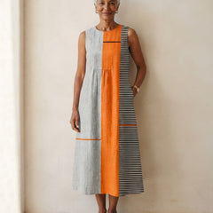 Robe midi Honorine sans manches color-block gris, orange et rayures noires