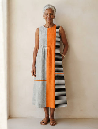 Robe midi Honorine sans manches color-block gris, orange et rayures noires