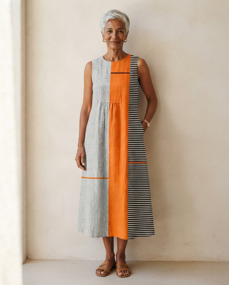Robe midi Honorine sans manches color-block gris, orange et rayures noires