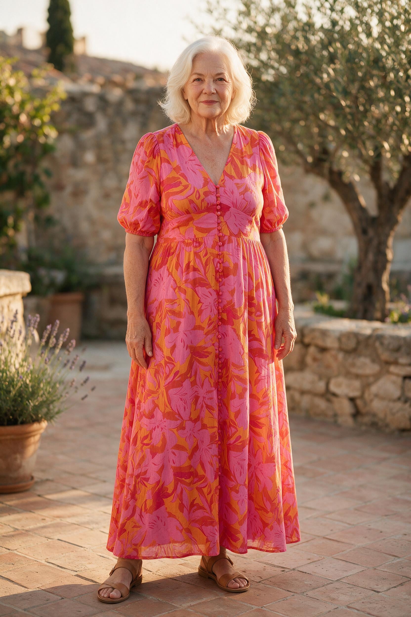Femme de 70 ans portant la robe longue Salomé à imprimé floral rose et orange, sur une terrasse du sud de la France