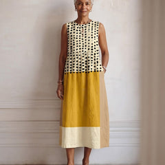 Robe midi Honorine sans manches à buste à pois et jupe color-block jaune moutarde