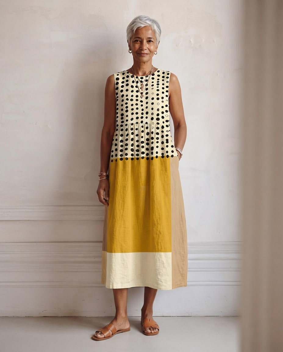 Robe midi Honorine sans manches à buste à pois et jupe color-block jaune moutarde