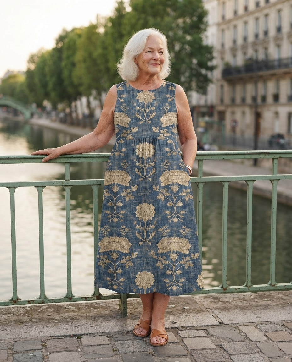 Robe midi Honorine bleu délavé à motif doré sur une passerelle du canal Saint-Martin à Paris