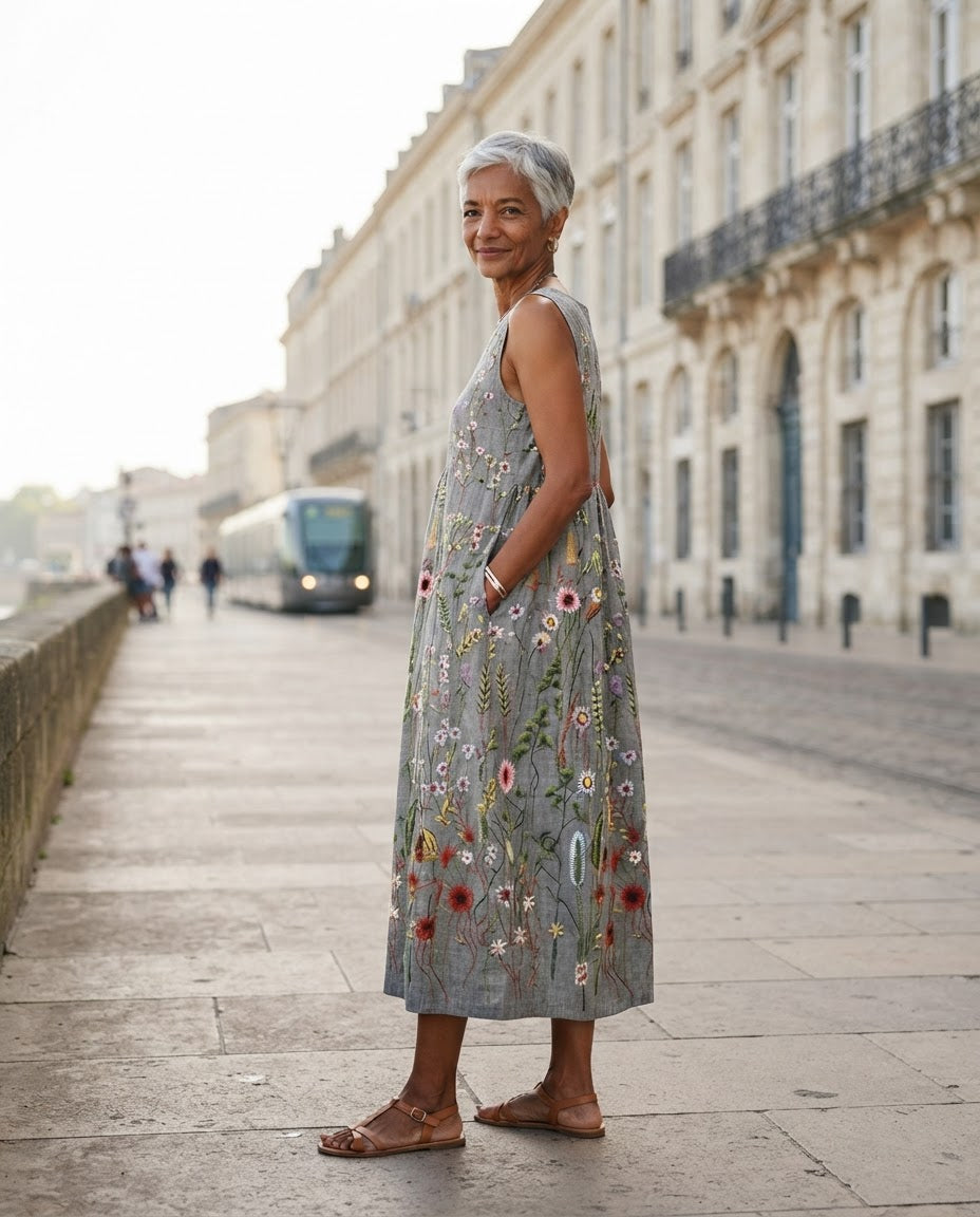 Robe midi Honorine gris chiné portée sur les quais de Bordeaux