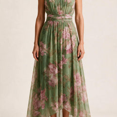Robe longue Héloïse, mousseline verte à imprimé floral rose — encolure américaine et ourlet mouchoir, vue de face