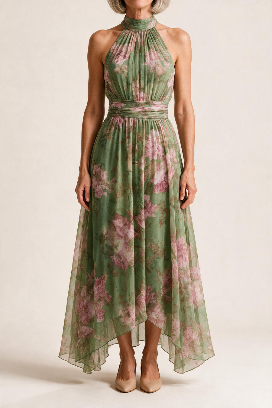 Robe longue Héloïse, mousseline verte à imprimé floral rose — encolure américaine et ourlet mouchoir, vue de face