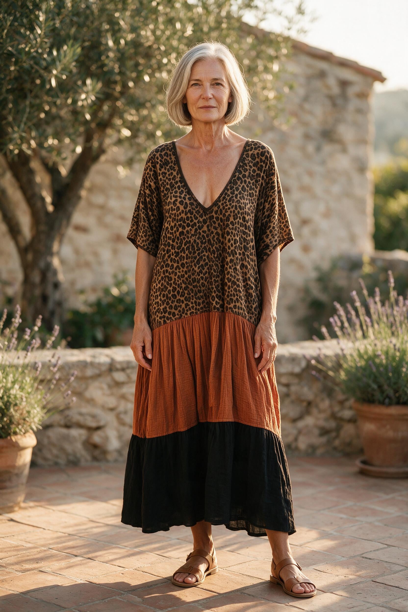 Femme de 66 ans portant la robe longue bohème Blandine, buste léopard et jupe à volants brun et noir, sur une terrasse du sud de la France