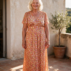 Robe Sidonie fleurie orange à imprimé vintage, portée sur une terrasse