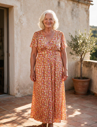 Robe Sidonie fleurie orange à imprimé vintage, portée sur une terrasse