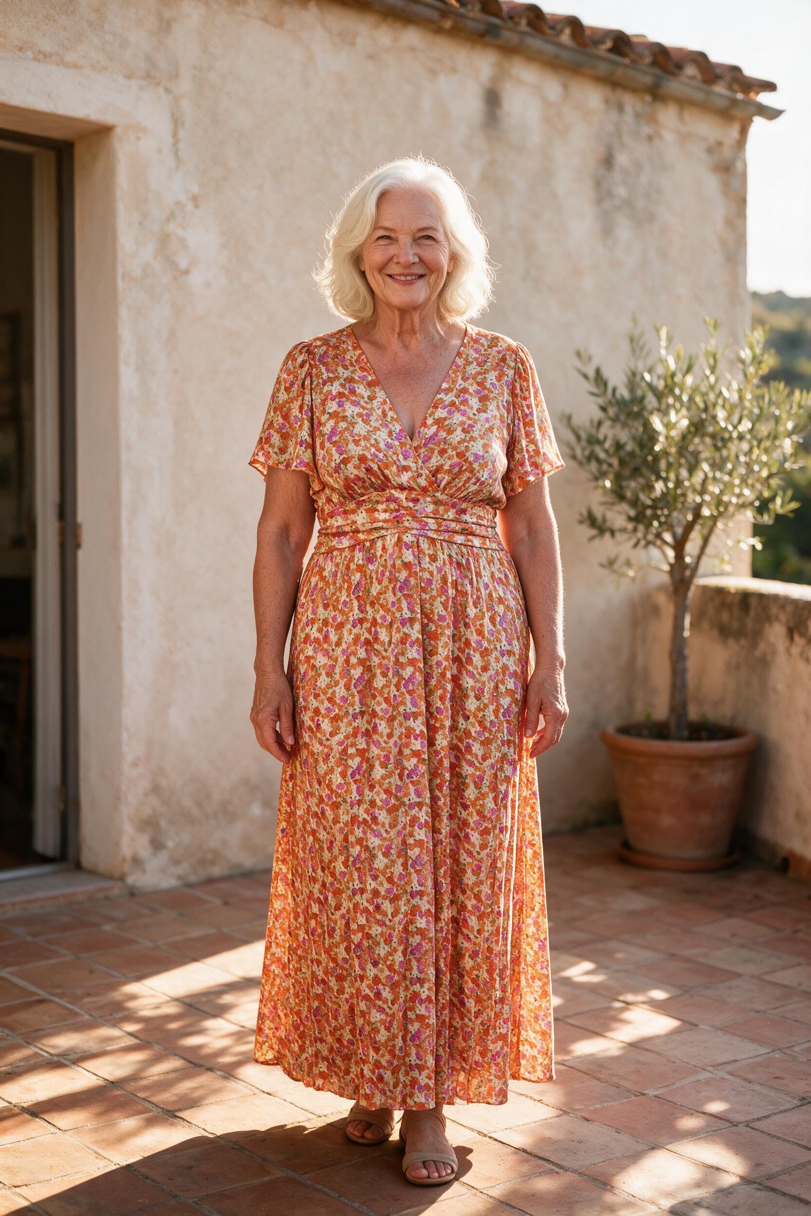 Robe Sidonie fleurie orange à imprimé vintage, portée sur une terrasse