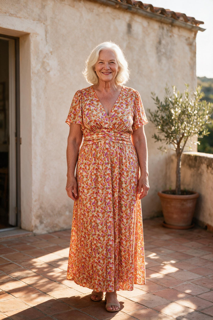 Robe Sidonie fleurie orange à imprimé vintage, portée sur une terrasse