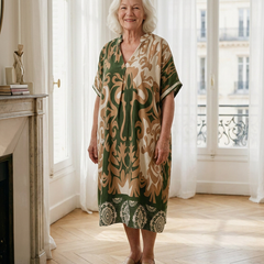Femme de 70 ans portant la robe midi Célestine en Vert Olivier, imprimé ornemental vert et camel, dans un appartement parisien