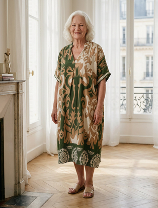 Femme de 70 ans portant la robe midi Célestine en Vert Olivier, imprimé ornemental vert et camel, dans un appartement parisien