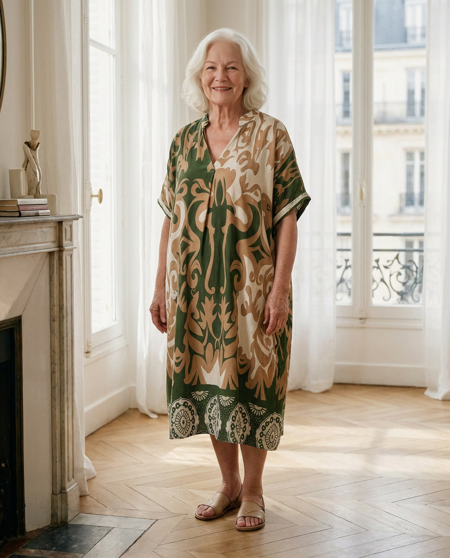 Femme de 70 ans portant la robe midi Célestine en Vert Olivier, imprimé ornemental vert et camel, dans un appartement parisien