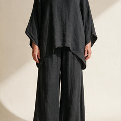 Ensemble Clémence en lin noir, haut ample à ourlet asymétrique et pantalon large