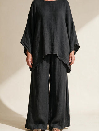 Ensemble Clémence en lin noir, haut ample à ourlet asymétrique et pantalon large