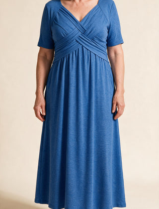 Robe longue Perrine, coloris bleu — buste croisé drapé, col en V et taille empire, vue de face