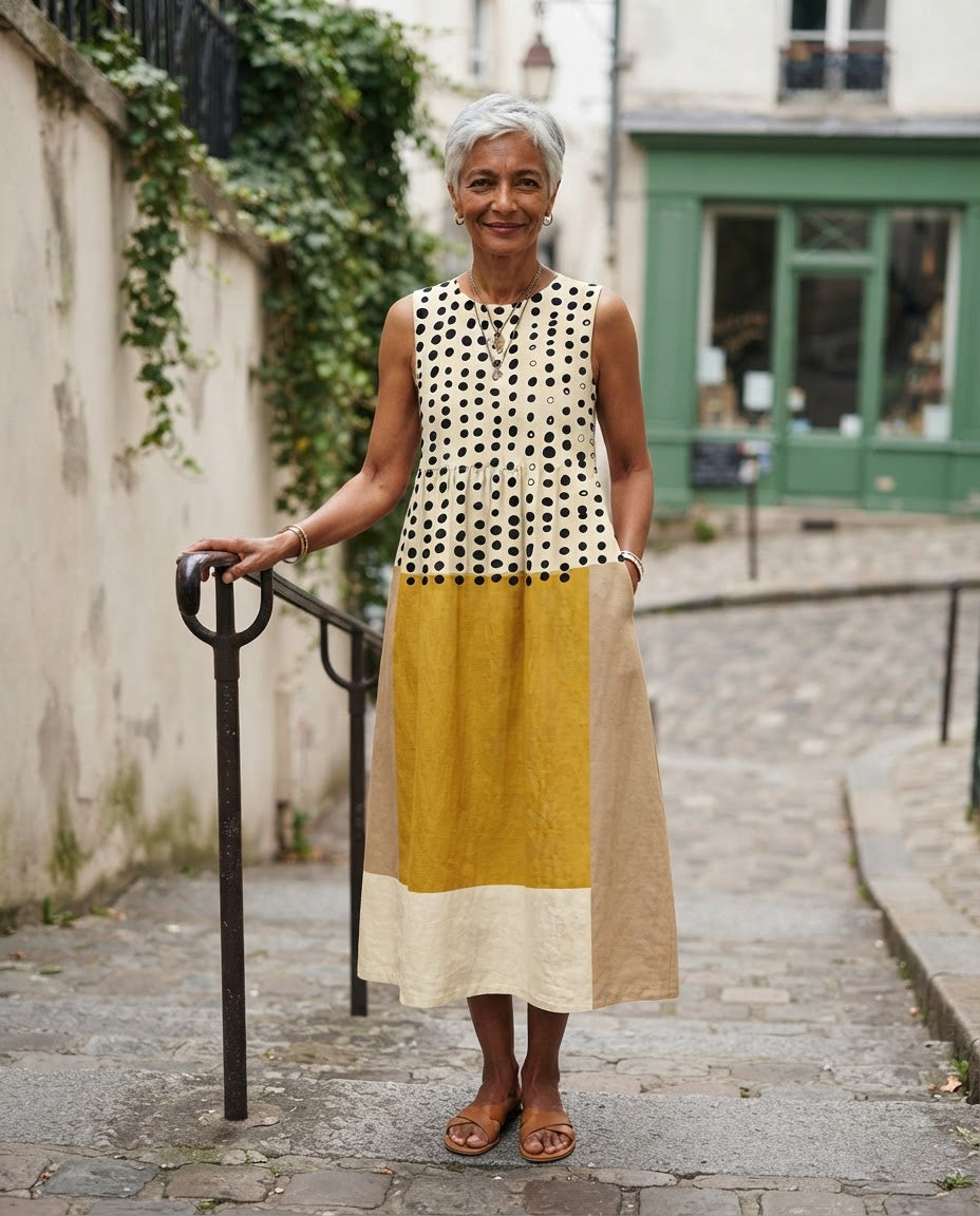 Robe midi Honorine moutarde portée dans une rue en escalier à Montmartre