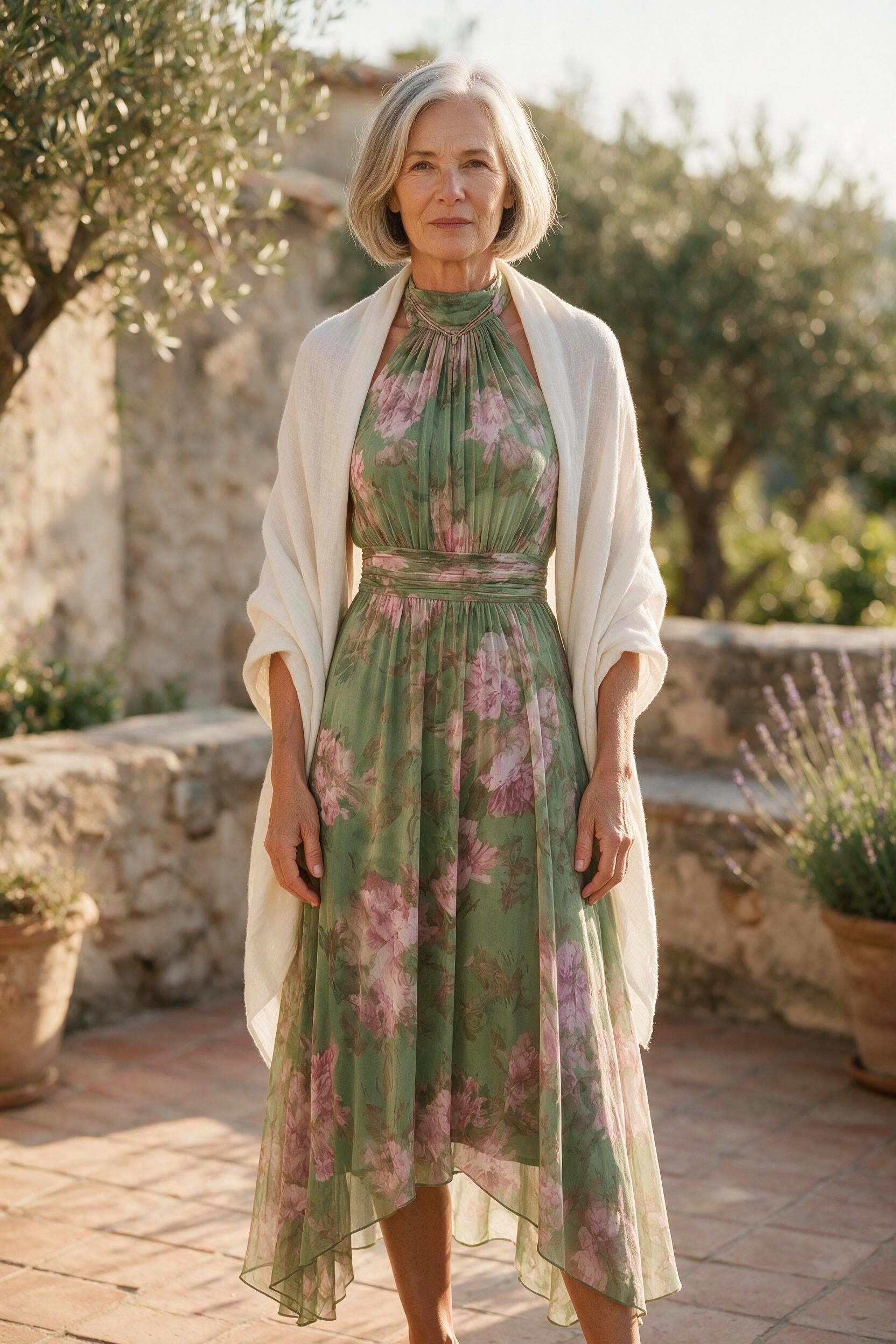 Femme de 66 ans portant la robe longue Héloïse en mousseline verte à fleurs roses, avec un châle crème sur les épaules, sur une terrasse du sud de la France