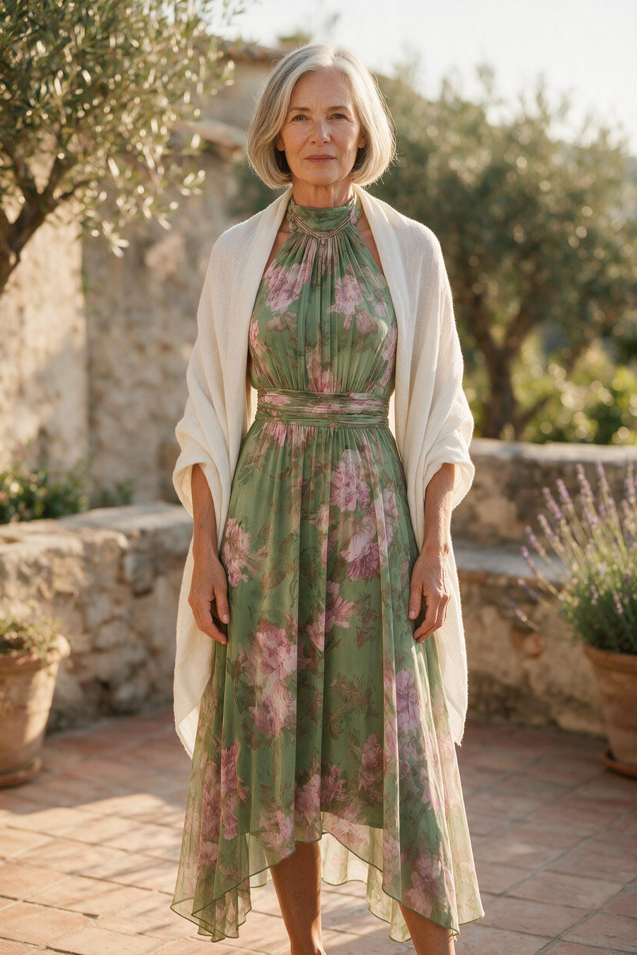 Femme de 66 ans portant la robe longue Héloïse en mousseline verte à fleurs roses, avec un châle crème sur les épaules, sur une terrasse du sud de la France
