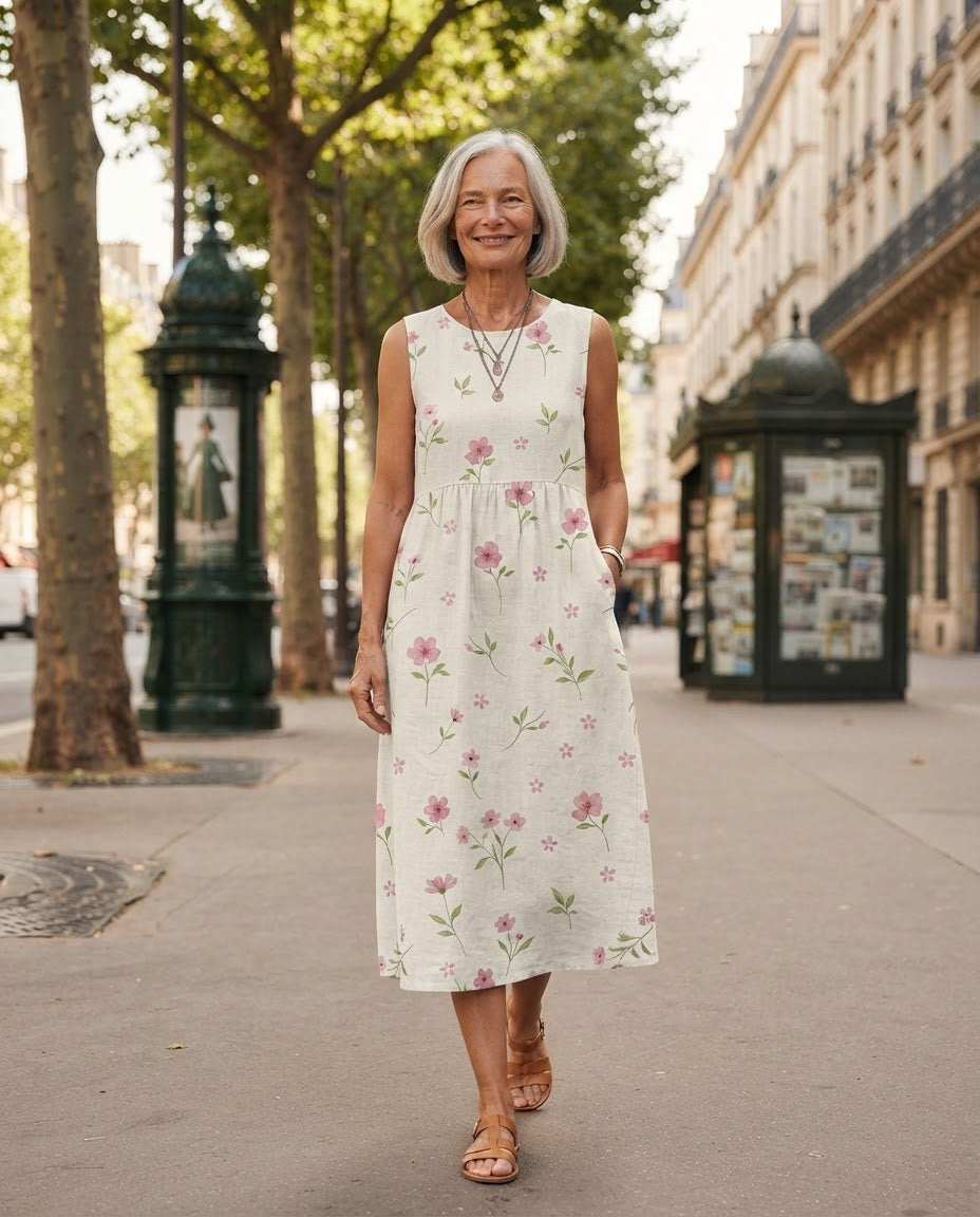 Robe midi Honorine blanche à fleurs roses sur un boulevard parisien bordé de platanes