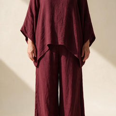 Ensemble Clémence en lin bordeaux, haut ample à ourlet asymétrique et pantalon large