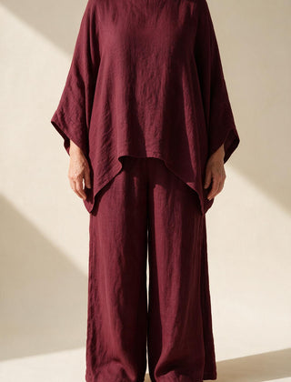 Ensemble Clémence en lin bordeaux, haut ample à ourlet asymétrique et pantalon large