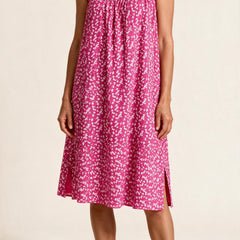 Robe Véronique à fines bretelles, coloris rose à petites fleurs blanches, vue de face