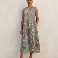 Robe midi Honorine sans manches gris chiné à imprimé fleurs des champs