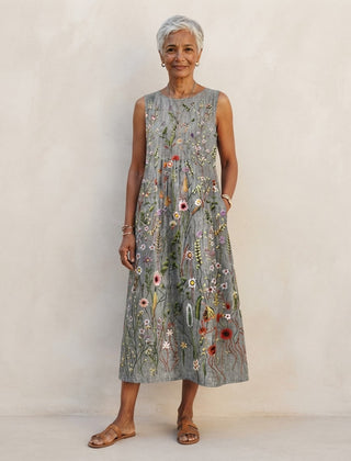 Robe midi Honorine sans manches gris chiné à imprimé fleurs des champs