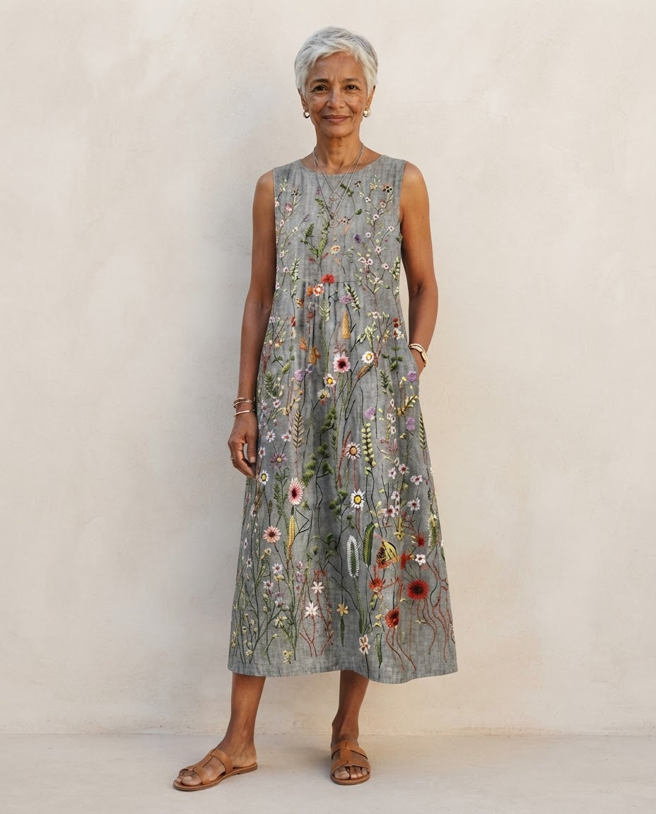 Robe midi Honorine sans manches gris chiné à imprimé fleurs des champs