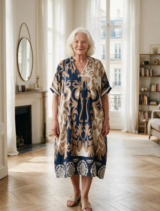 Femme de 70 ans portant la robe midi Célestine à imprimé ornemental bleu marine et beige, dans un appartement parisien
